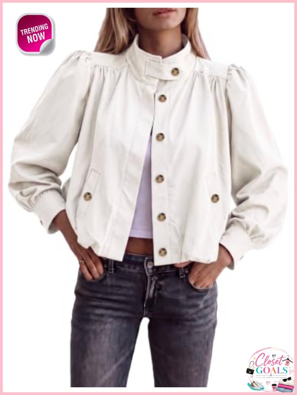 Lightweight Cropped Bomber Jacket Balloon Puff Sleeve Casual Coat